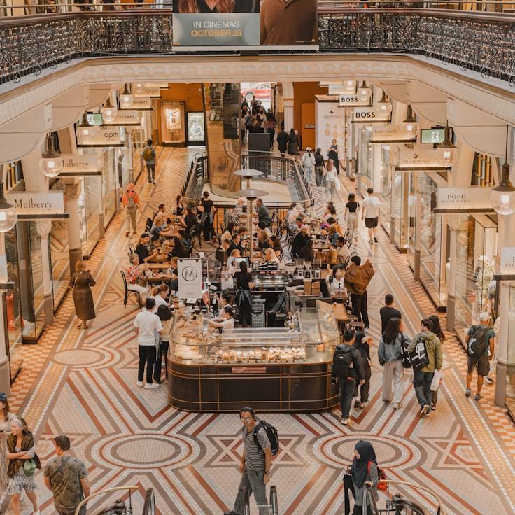 Modern shopping mall interior with family areas